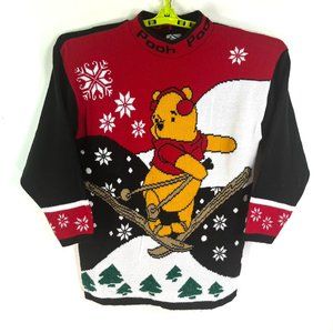 Vintage Winnie The Pooh Knit Ski Christmas Sweater Womens SZ M Red Long Sleeve